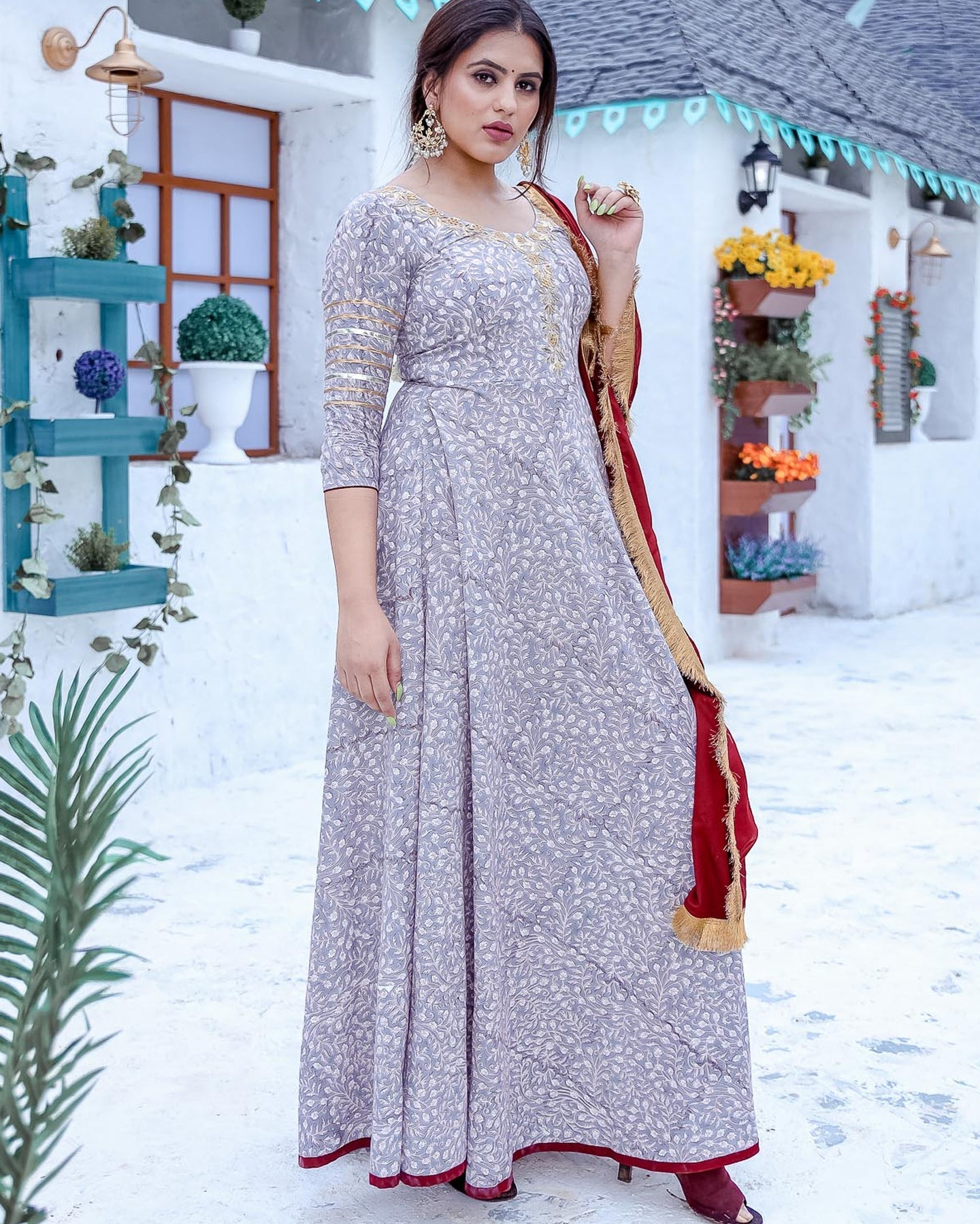 Grey Floor Length Suit Set