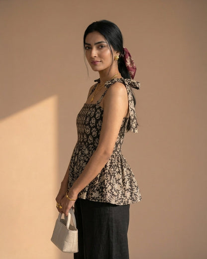 Black Floral Cotton Peplum Top