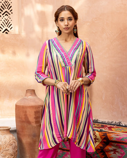 Pink Blossom & Stripes Kurta Set