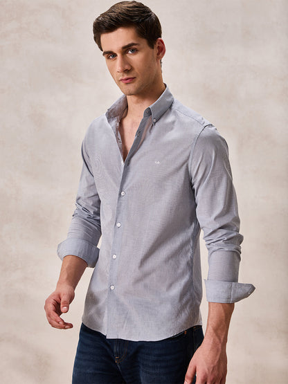 Grey Regular Fit Stripes Casual Shirt for Men (ALFON)