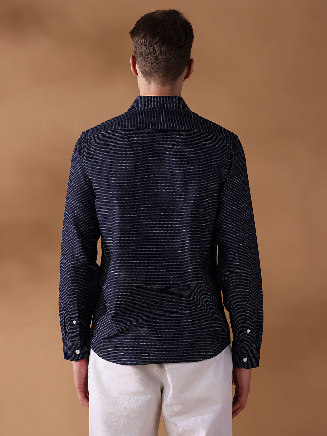 Navy Blue Regular Fit Stripes Casual Shirt for Men (LESSA)