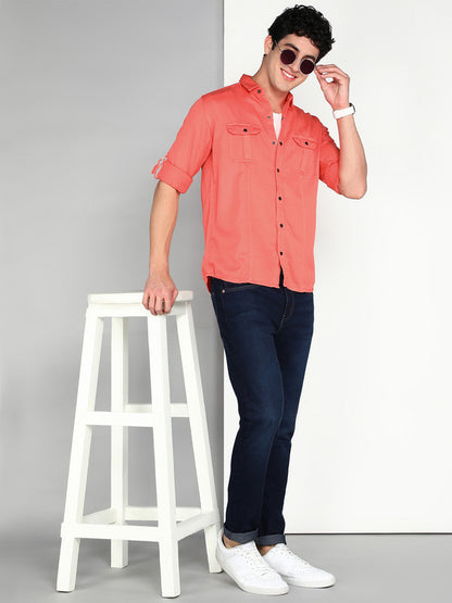 Kuons Avenue Men's Spicy Pink Cotton Twill Casual Shirt