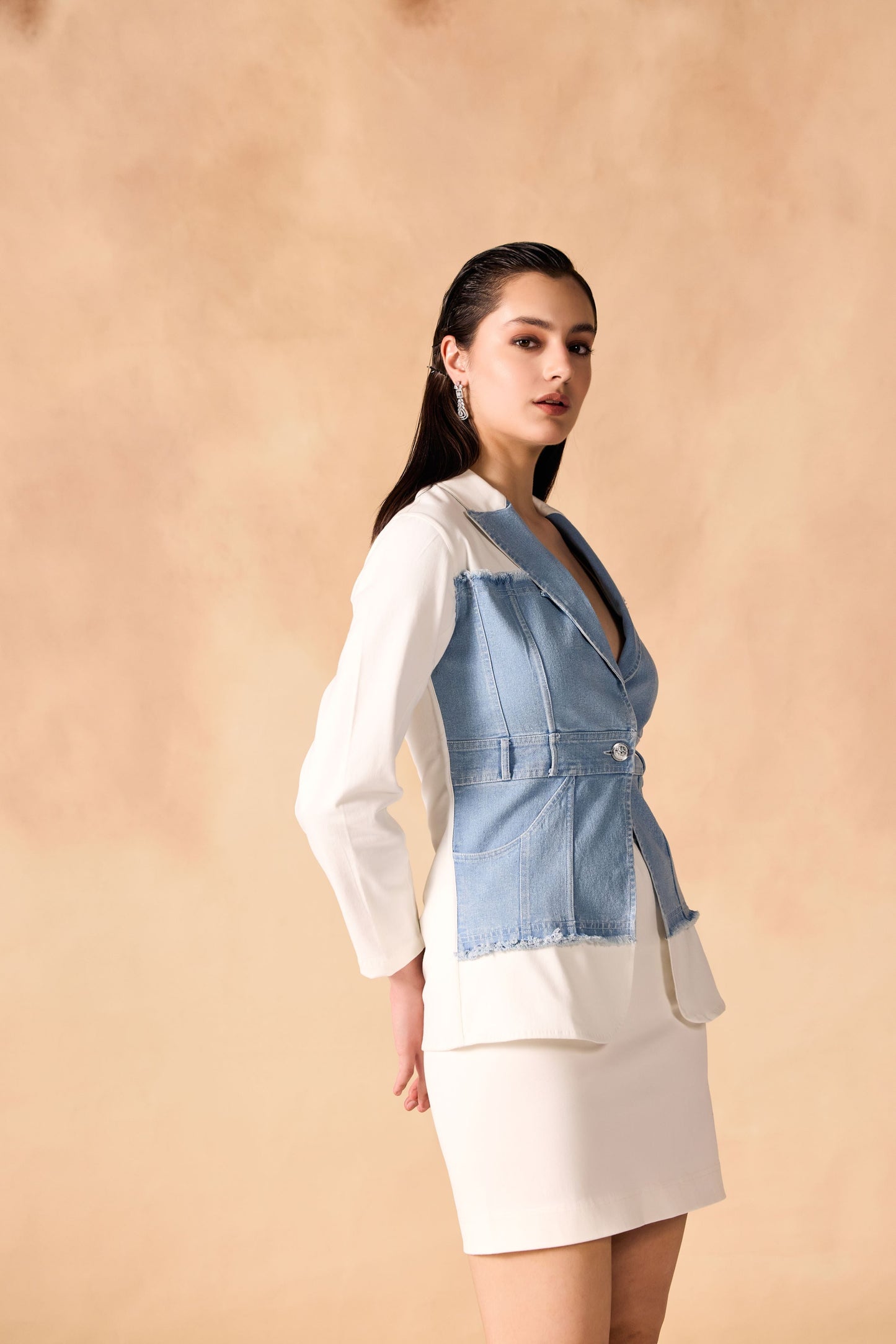 Panelled Denim & Twill Structured Jacket