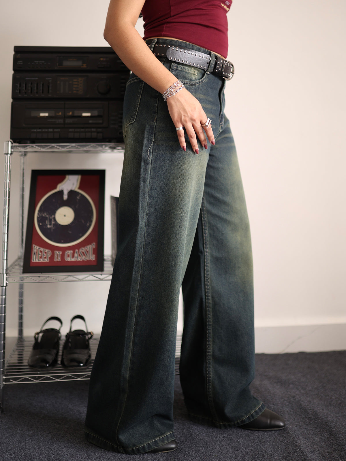 80s Grunge Streetwear Blue Tinted Wide Leg Jeans