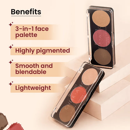 Swiss Beauty 3 In 1 Face Palette With Contour + Blusher And Highlighter - Shade 03