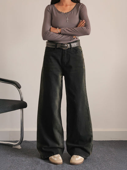 Rustic Black Ombre Washed Wide Leg Jeans