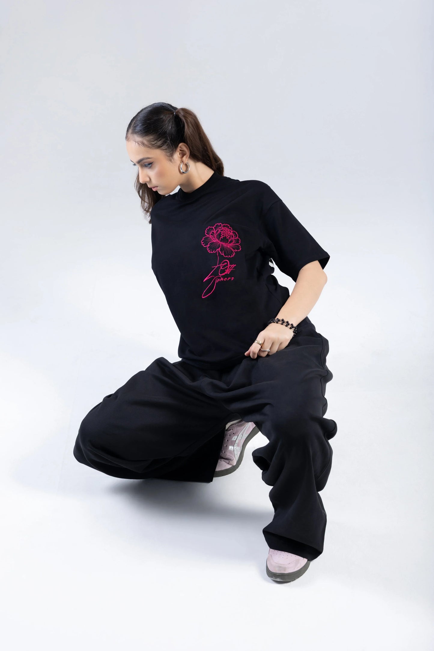 "Move Over Roses" Round Neck Printed Black T-Shirt