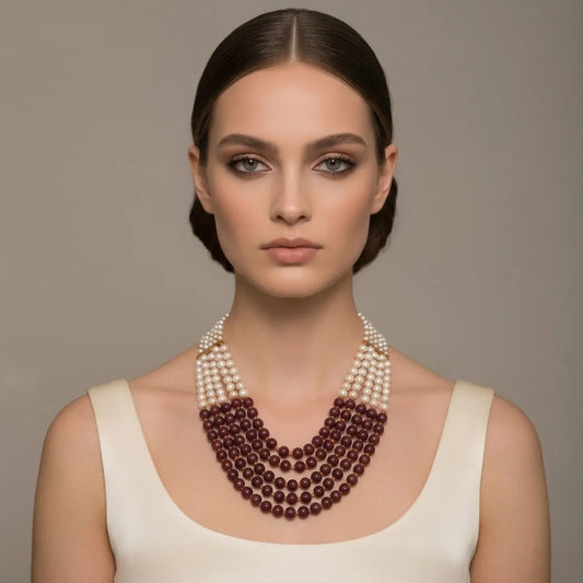 White And Maroon Pearl Beaded Multi Layer Statement Necklace For Women