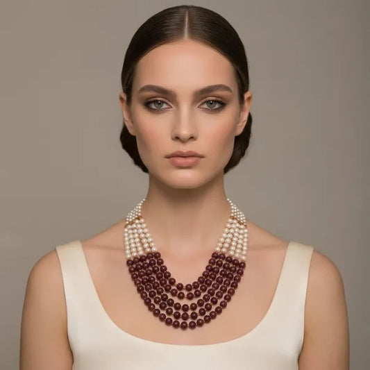 White And Maroon Pearl Beaded Multi Layer Statement Necklace For Women