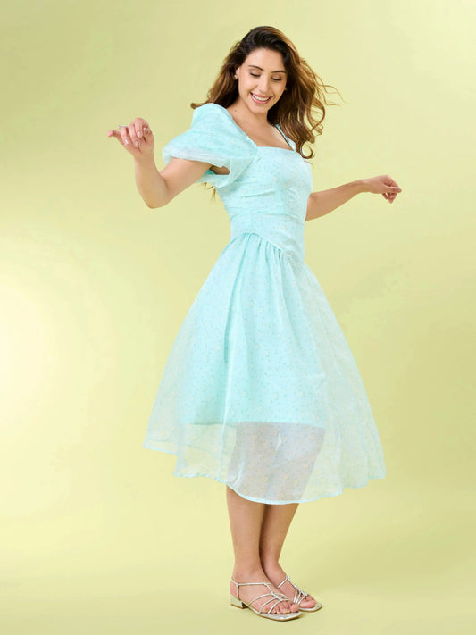 Skyla Puff Sleeve Aqua Blue Midi Dress Zumee