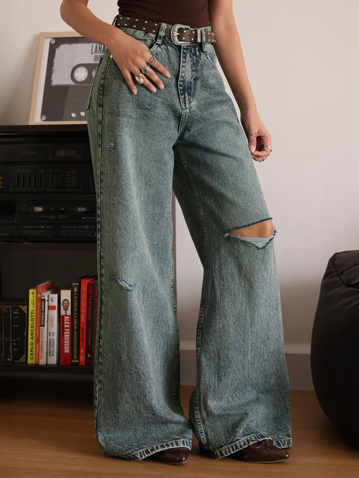 Retro Blue Tinted Ripped Super Wide Leg Jeans