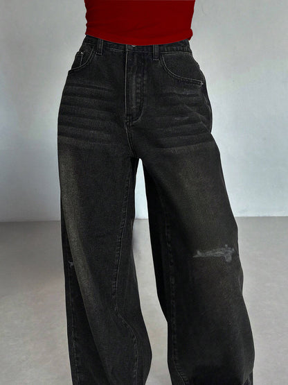 Rustic Black Tinted Ripped Wide Leg Jeans