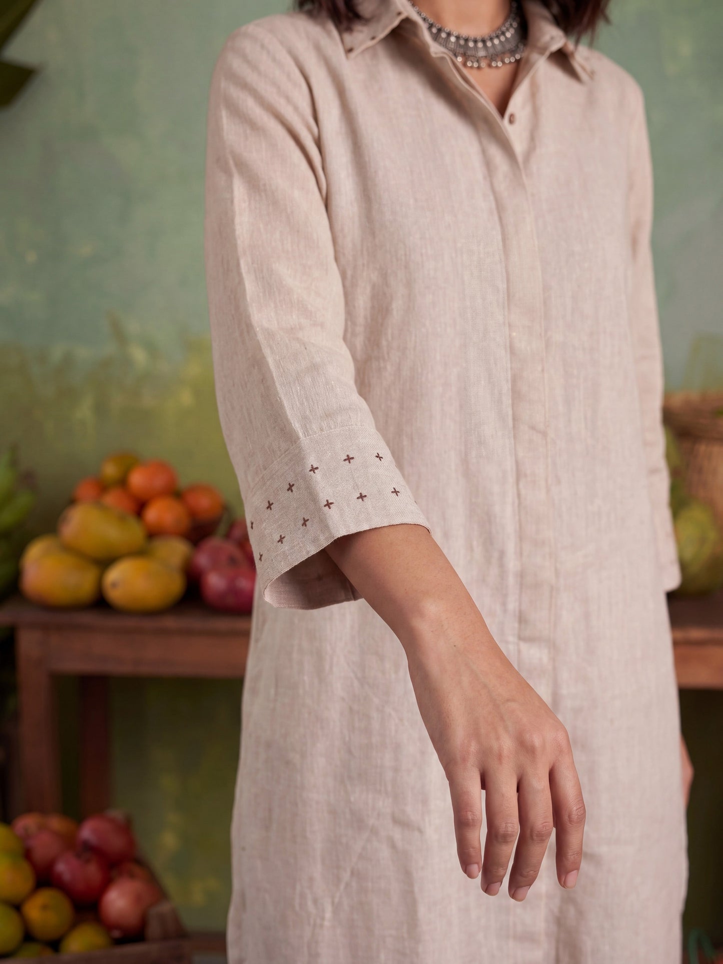 Beige Embellished Long-Line Shirt