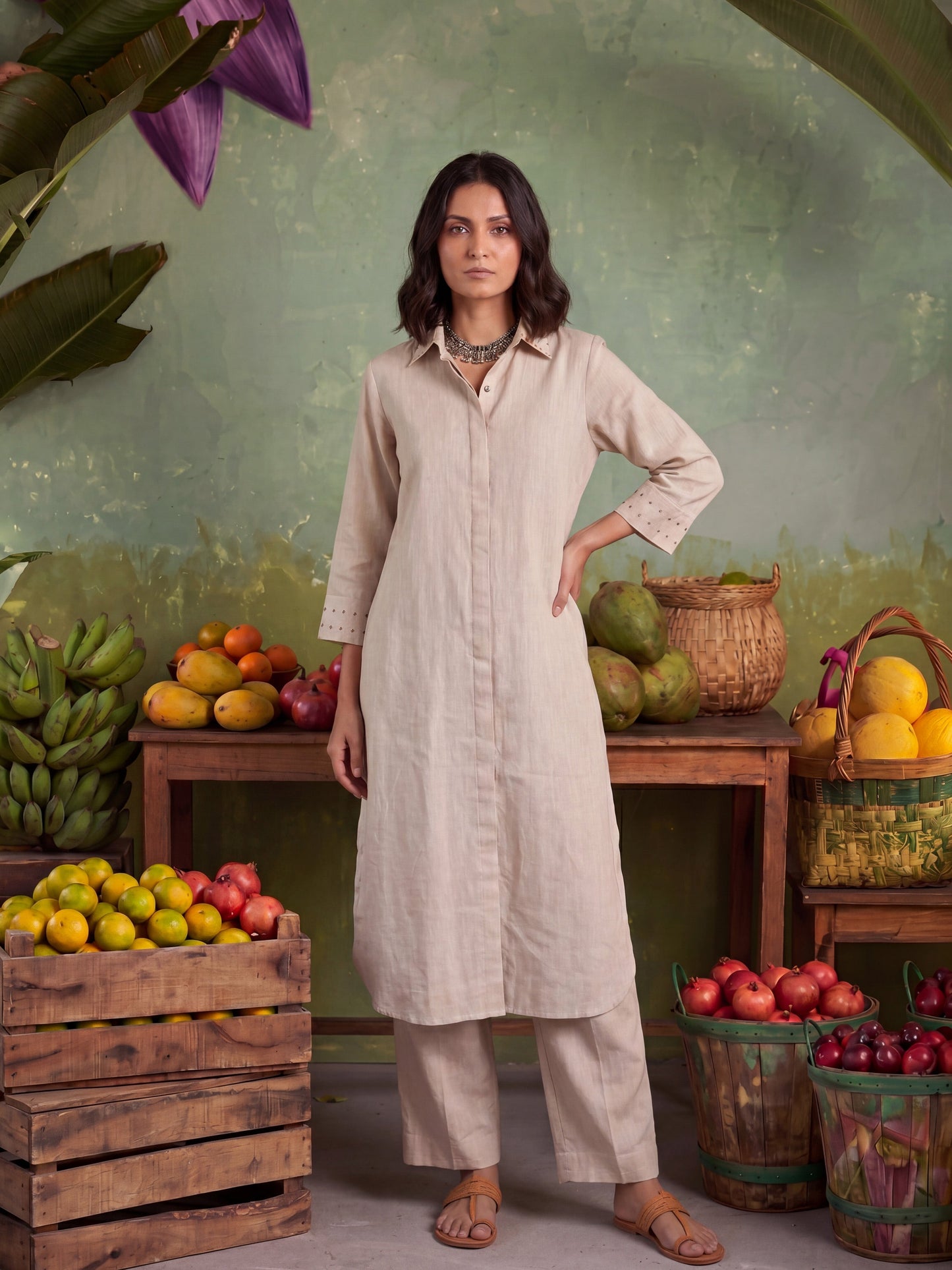 Beige Embellished Long-Line Shirt