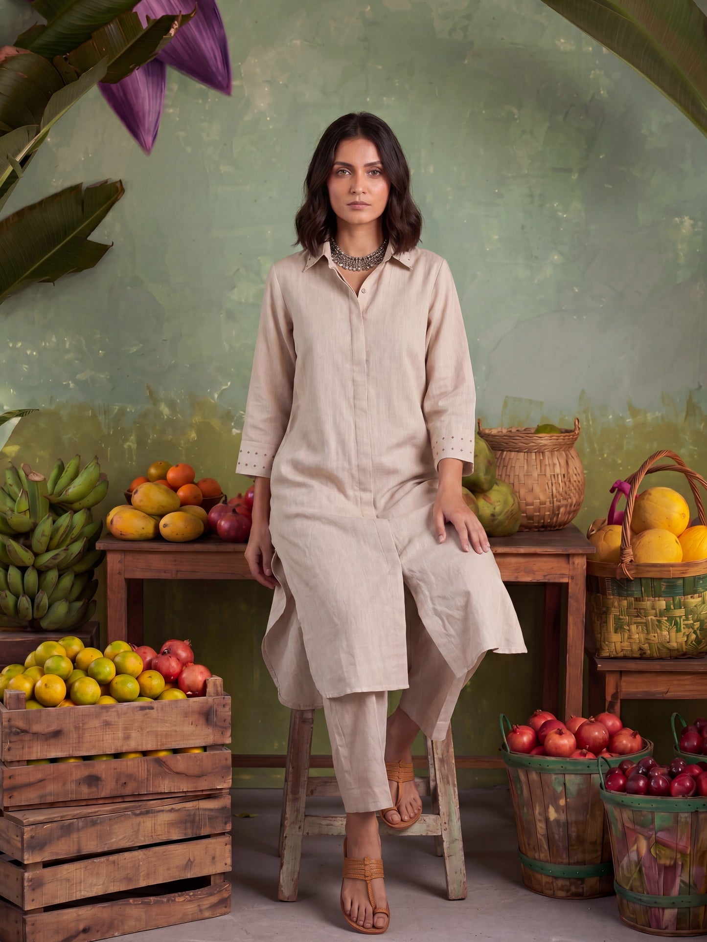 Beige Embellished Long-Line Shirt