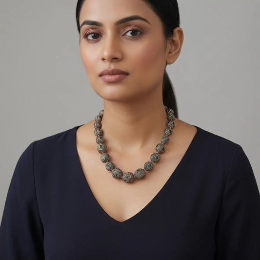 Marquees Antique Diamond With Emerald Green Stone Beaded Necklace For Women