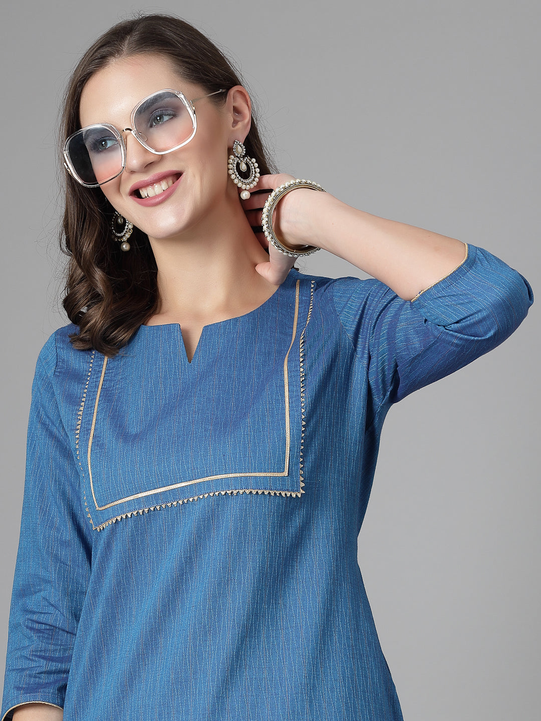 Women Blue Festive Kurta With Lace