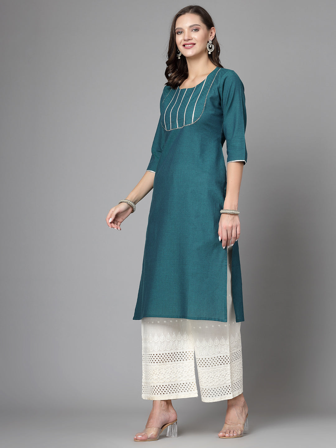 Women Dark Green Festive Kurta With Lace