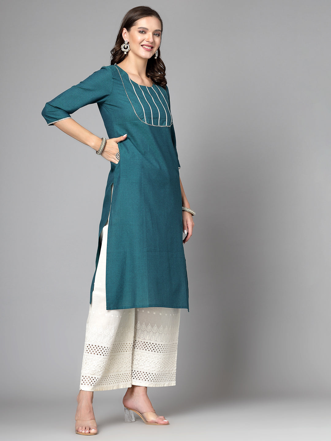 Women Dark Green Festive Kurta With Lace