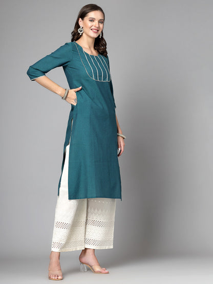 Women Dark Green Festive Kurta With Lace