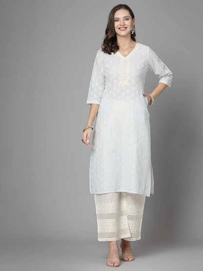 Women Sky Blue Cotton Dobby Kurta With Lace