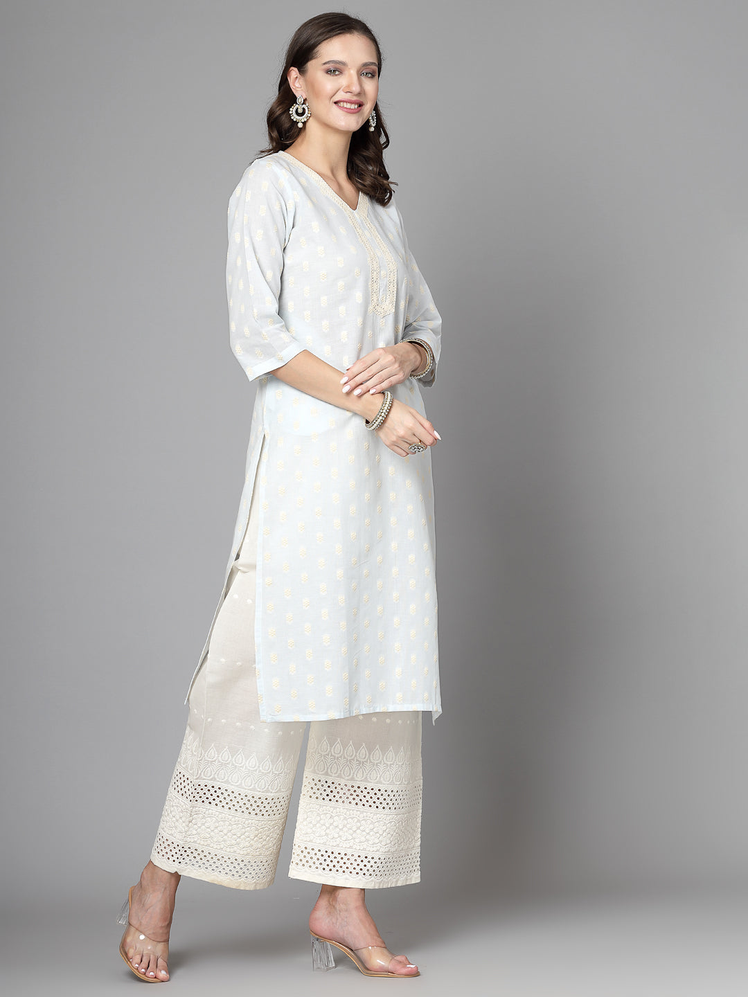 Women Sky Blue Cotton Dobby Kurta With Lace