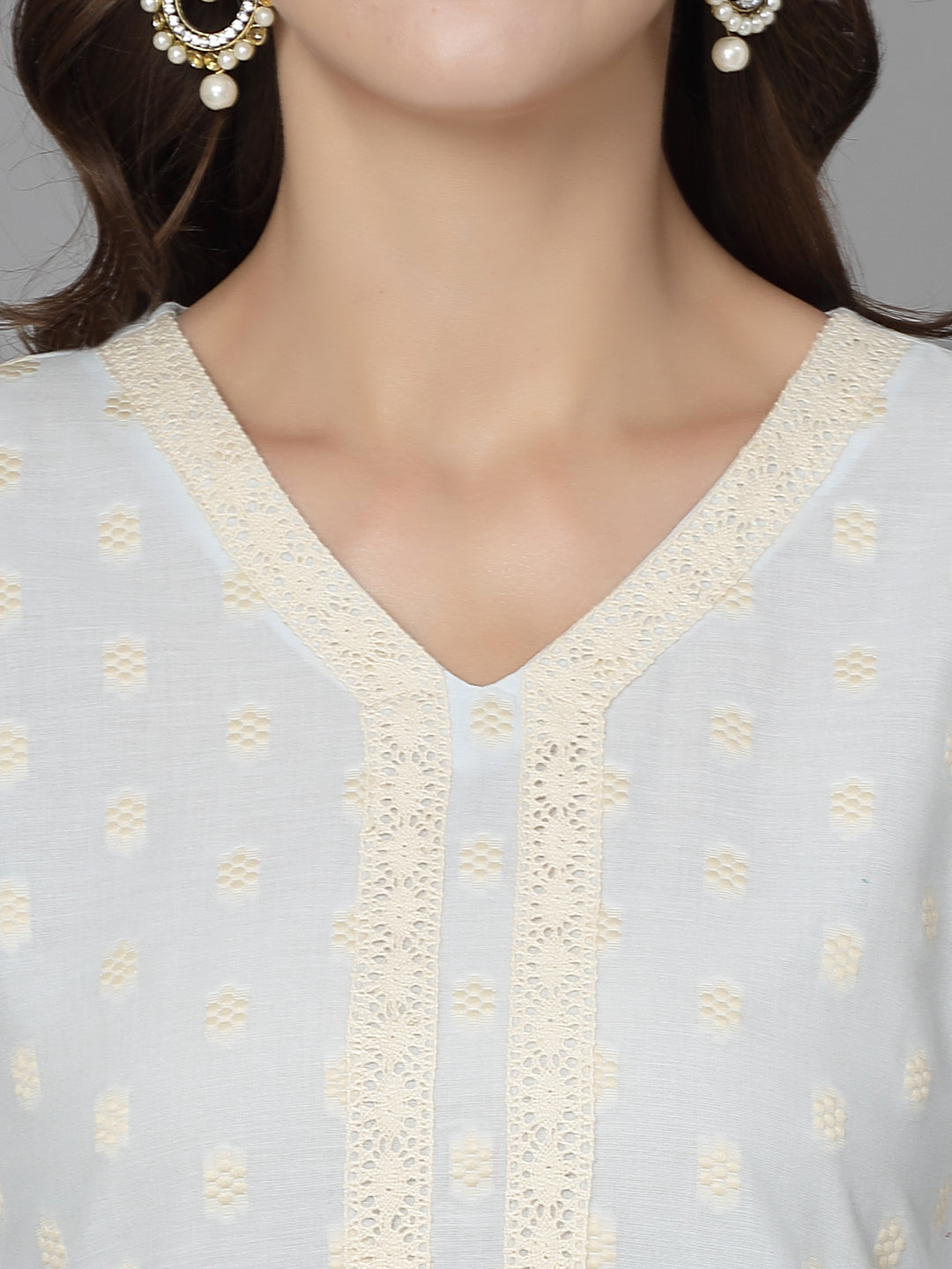 Women Sky Blue Cotton Dobby Kurta With Lace