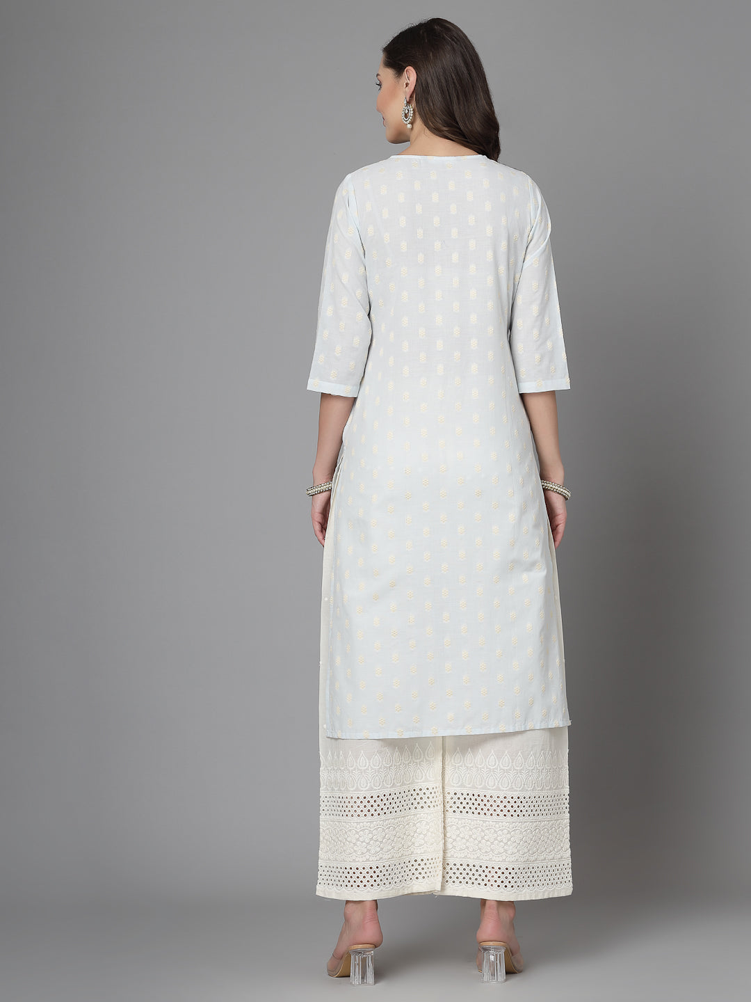 Women Sky Blue Cotton Dobby Kurta With Lace