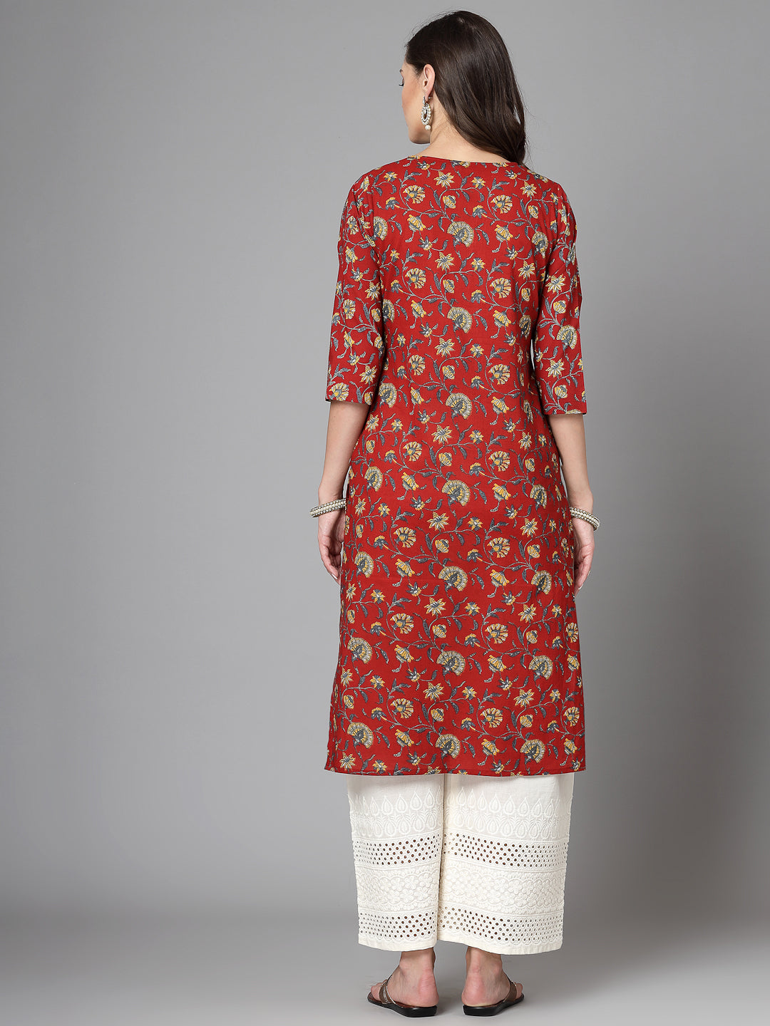 Women Red Floral Printed Tie-Up Neck Kurta Krya