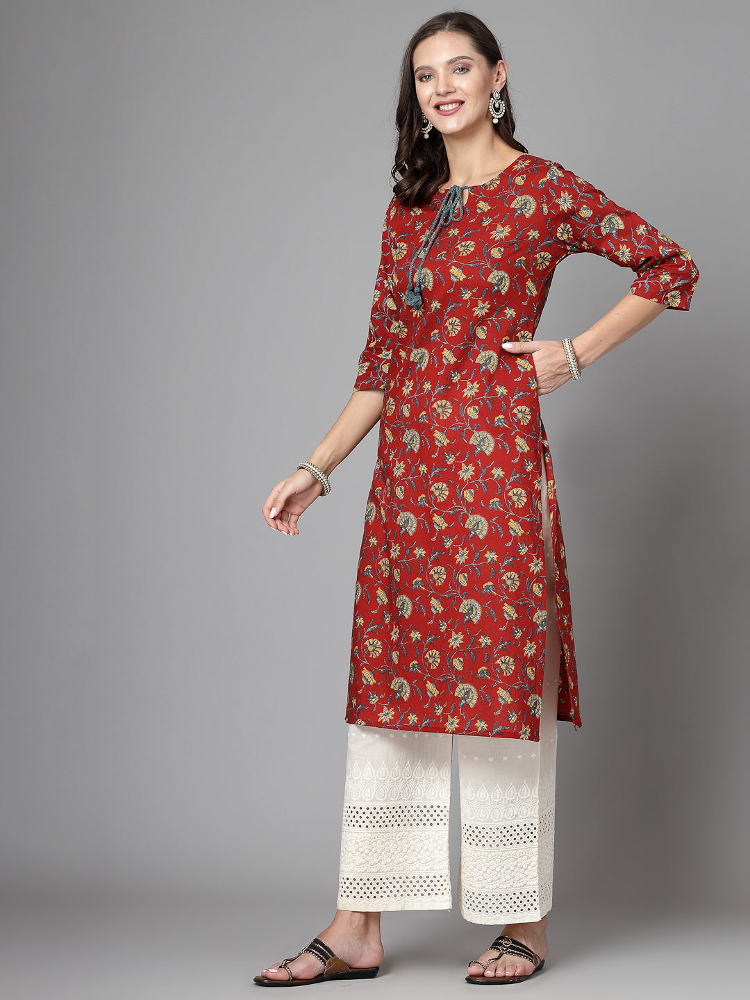 Women Red Floral Printed Tie-Up Neck Kurta