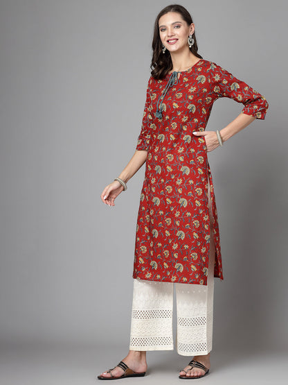 Women Red Floral Printed Tie-Up Neck Kurta