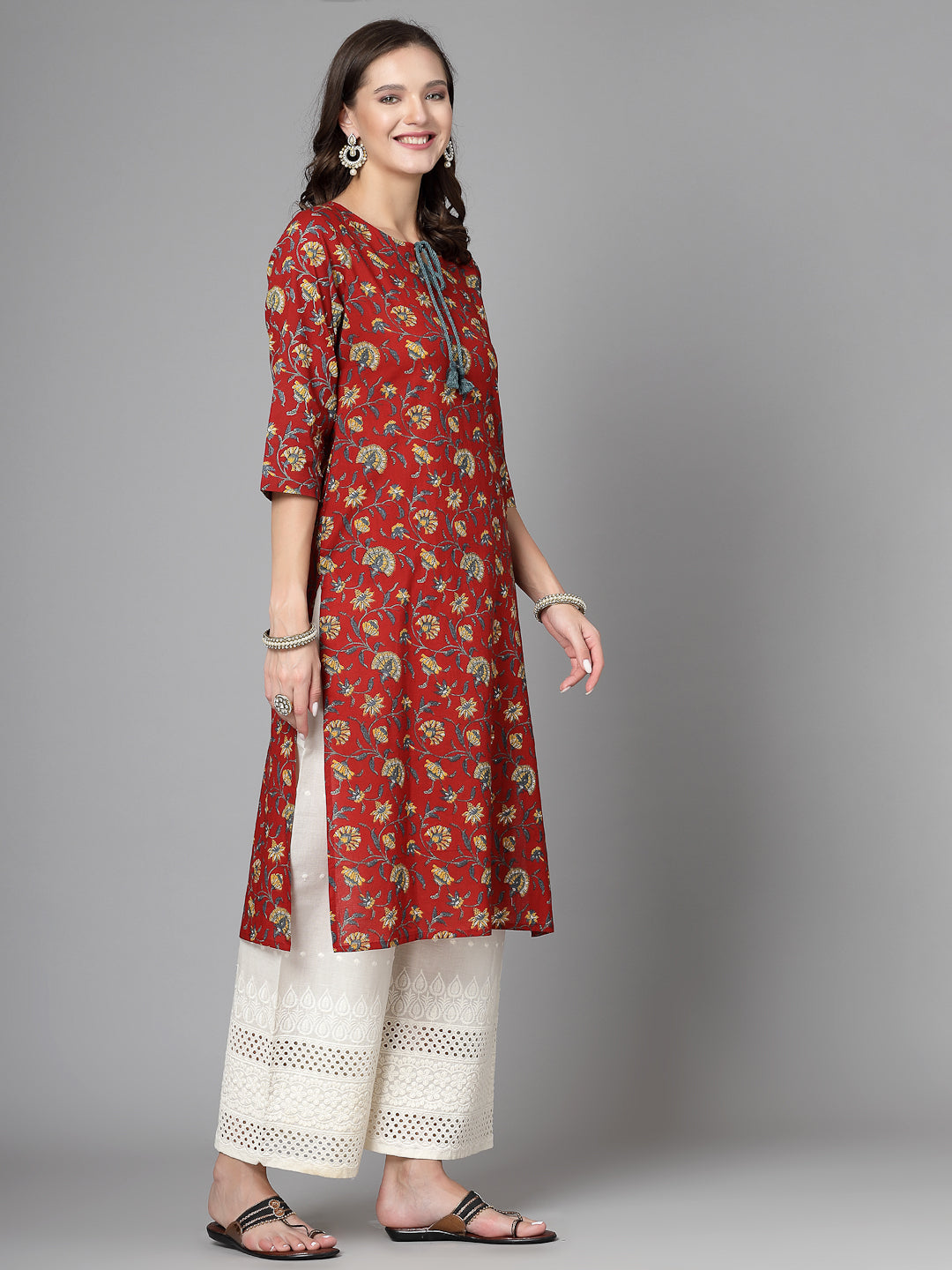 Women Red Floral Printed Tie-Up Neck Kurta Krya