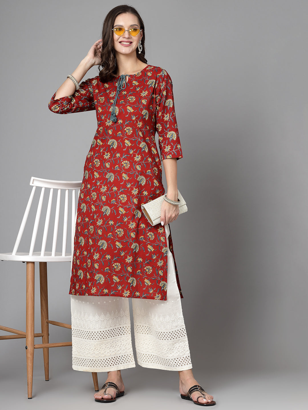Women Red Floral Printed Tie-Up Neck Kurta