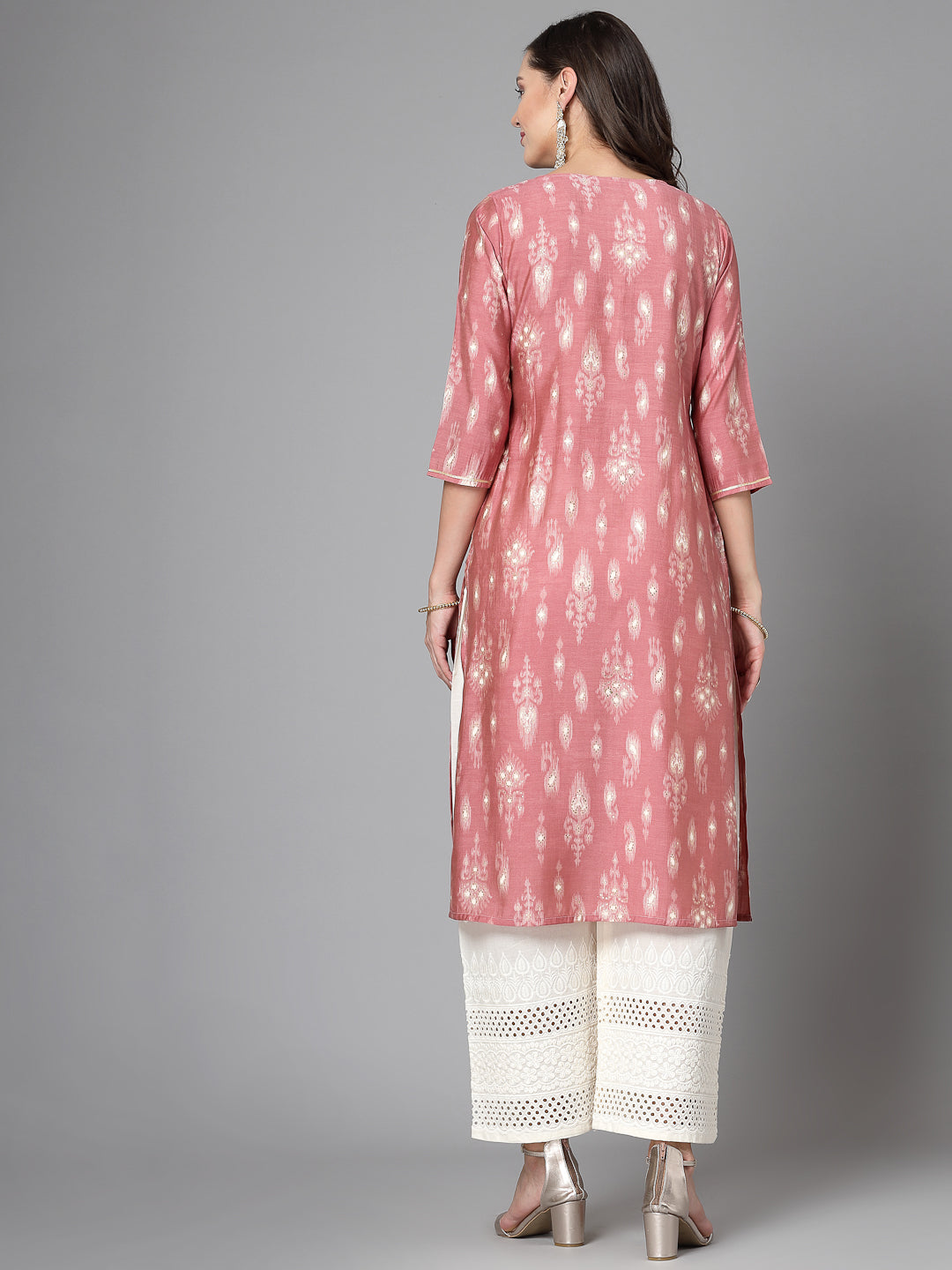 Women Pink Ethnic Motifs Printed Gotta Patti Kurta Krya