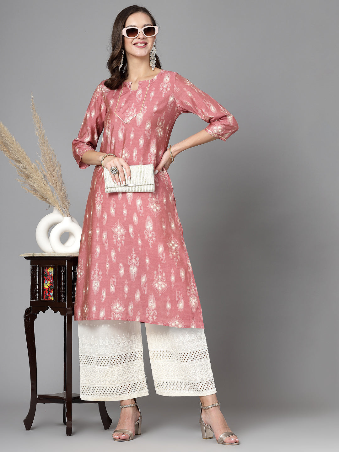 Women Pink Ethnic Motifs Printed Gotta Patti Kurta Krya
