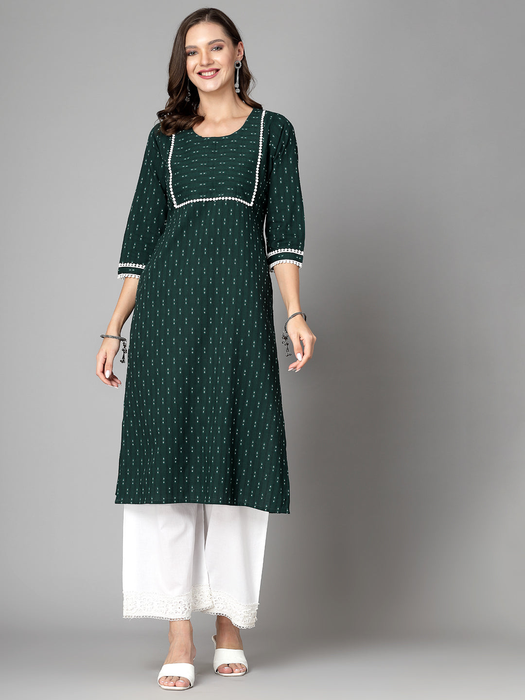 Women Dark Green Cotton Dobby Kurta Krya