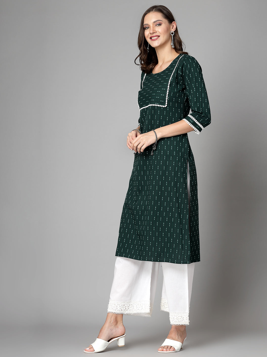 Women Dark Green Cotton Dobby Kurta Krya
