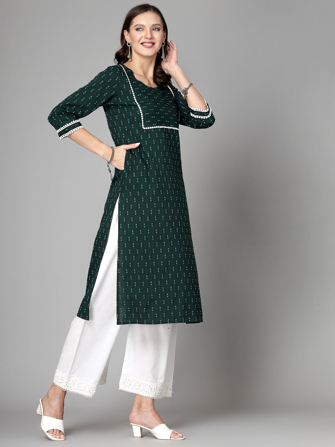 Women Dark Green Cotton Dobby Kurta Krya