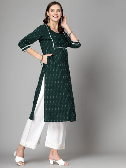Women Dark Green Cotton Dobby Kurta Krya
