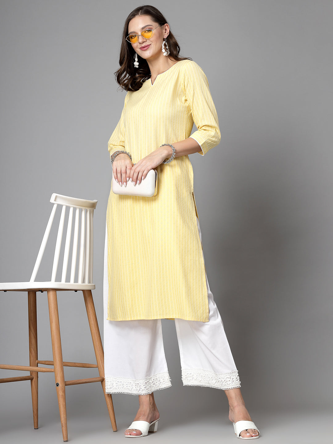 Women Yellow Striped Yarn-Dyed Kurta