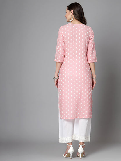 Women Baby Pink Cotton Dobby Kurta With Lace