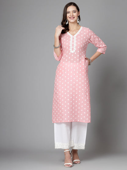 Women Baby Pink Cotton Dobby Kurta With Lace Krya