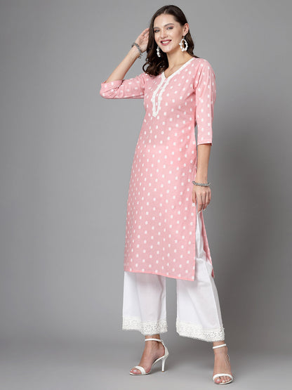 Women Baby Pink Cotton Dobby Kurta With Lace