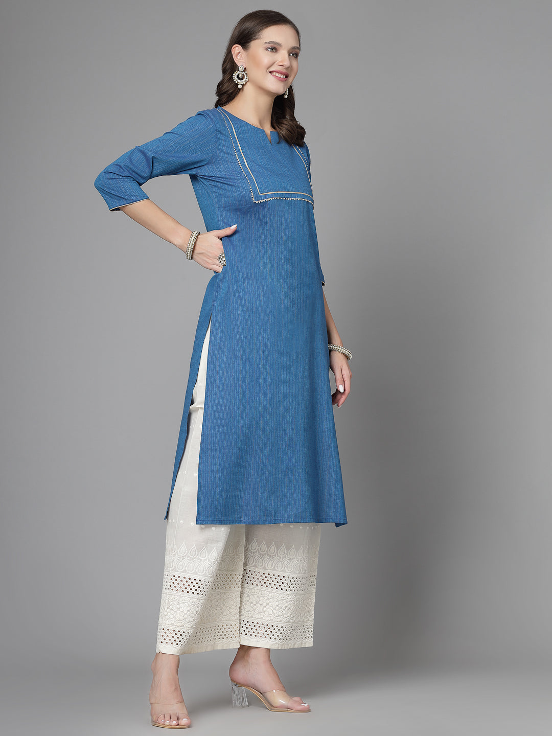 Women Blue Festive Kurta With Lace