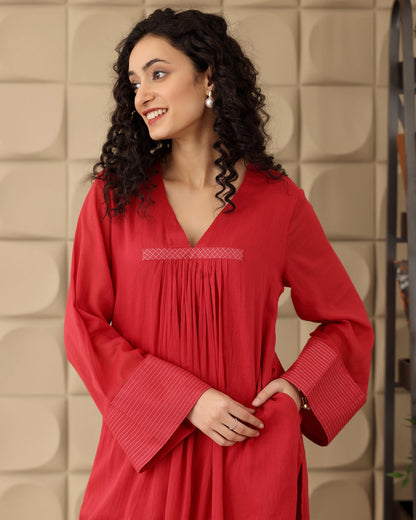 RED GATHERED MULMUL KURTA SET