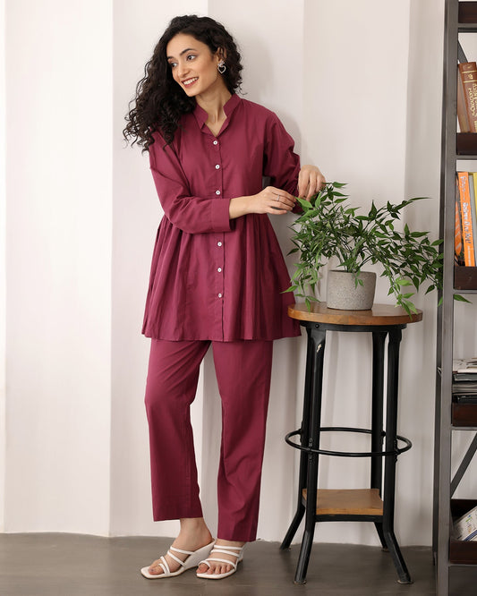 Wine Red A-line Cotton Co-ord Set
