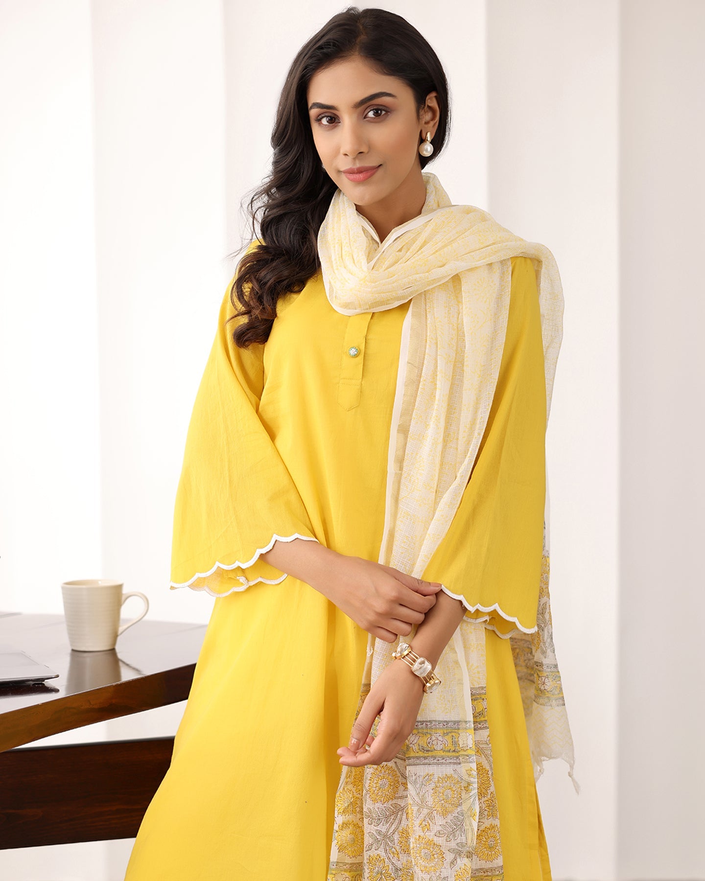 YELLOW A-LINE KURTA- DUPATTA SET
