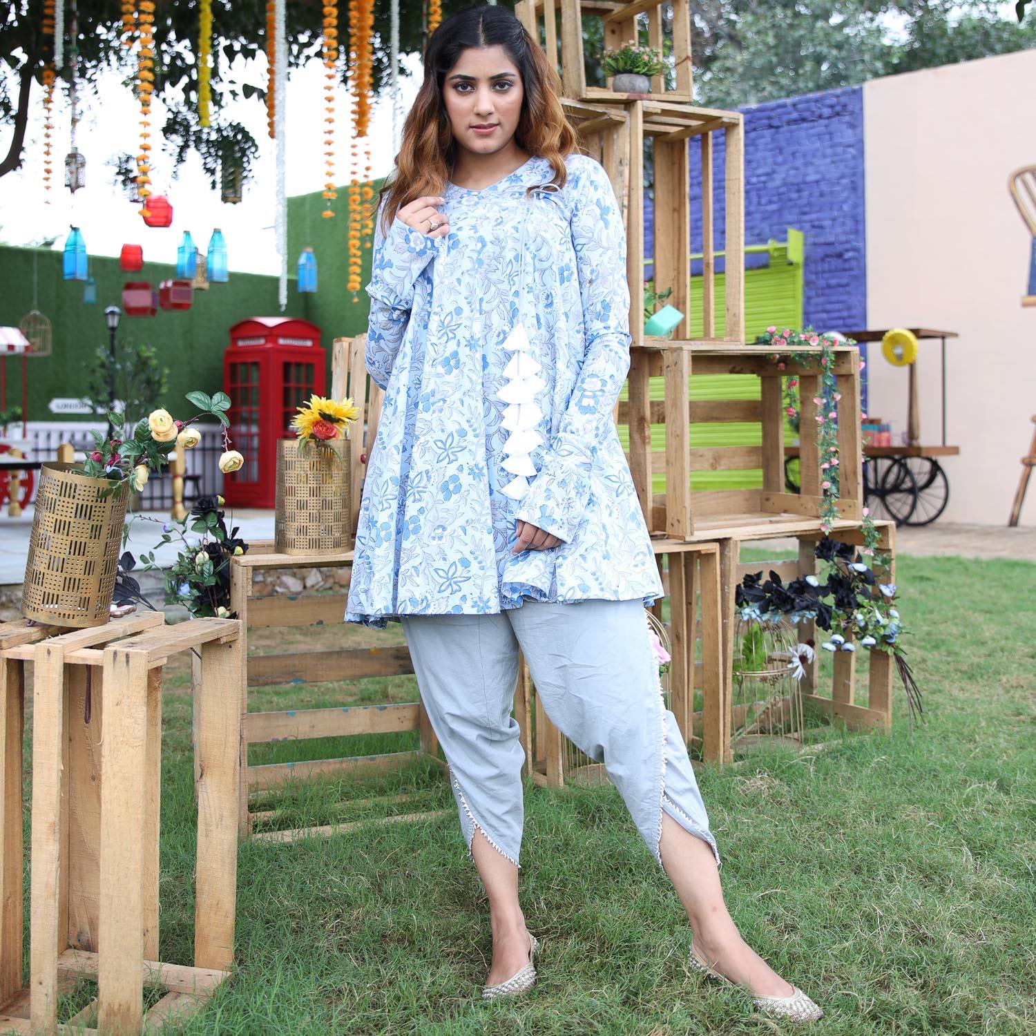 Blue Angrakha Dhoti Set - Ambraee