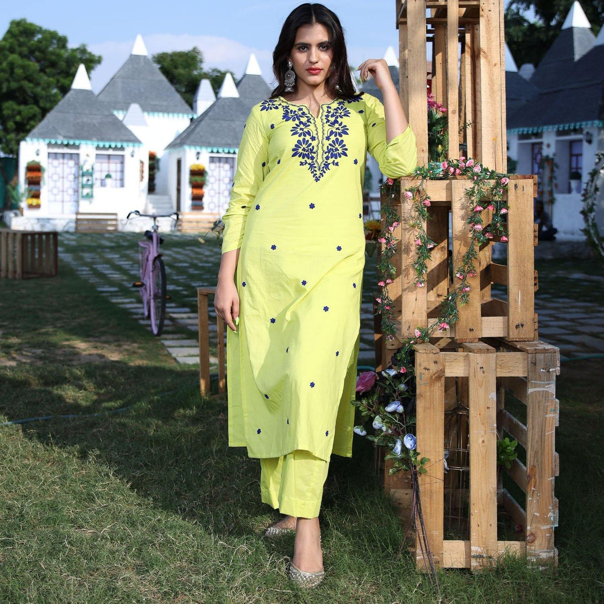 Lime Blue Dori Kurta Set - Ambraee