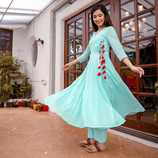 Blue Aangrakha Kurta Set - Ambraee